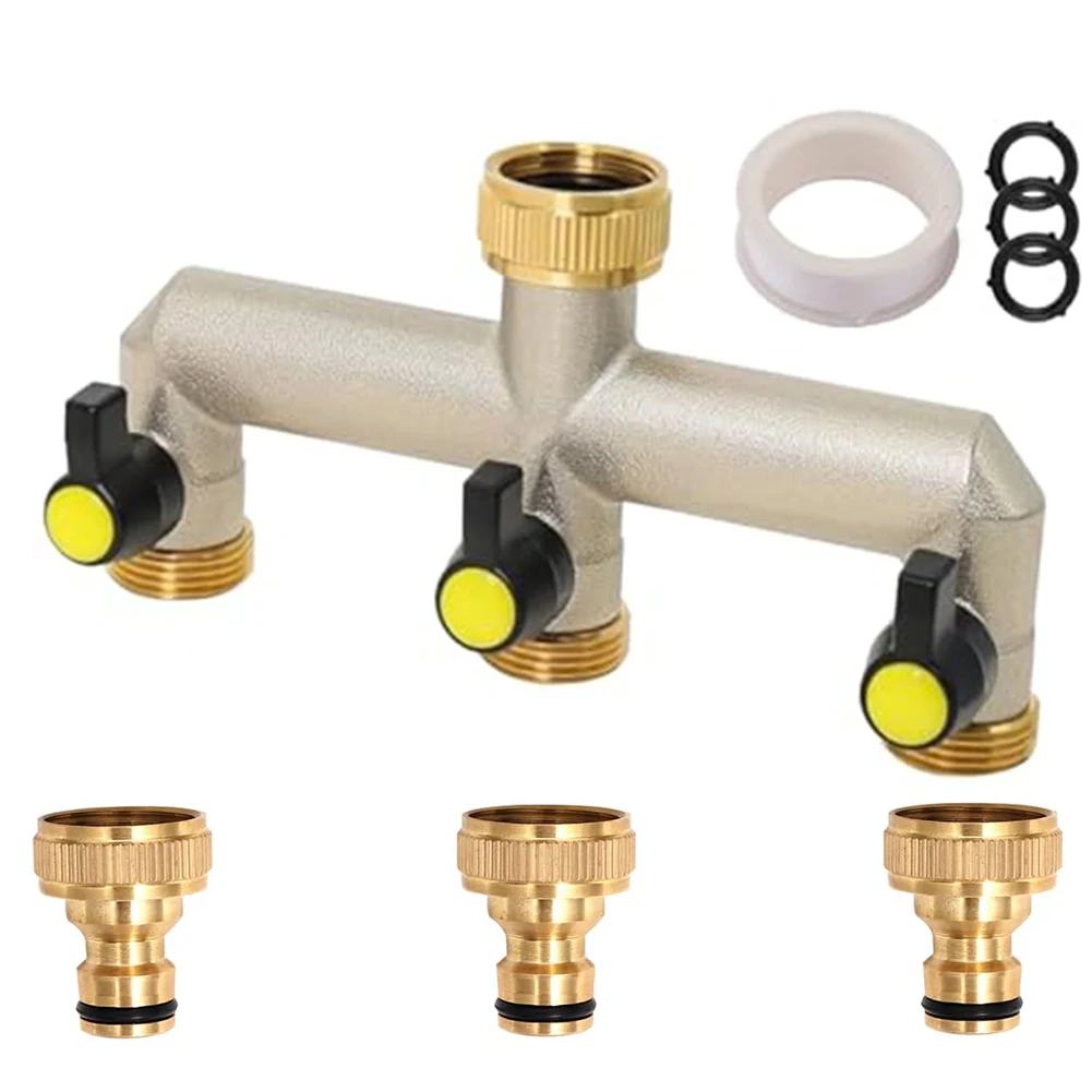 

Brass Water Distributor Kit for Faucets Garden Hoses Irrigation 3 way with Individual Control Valves Rust resistant