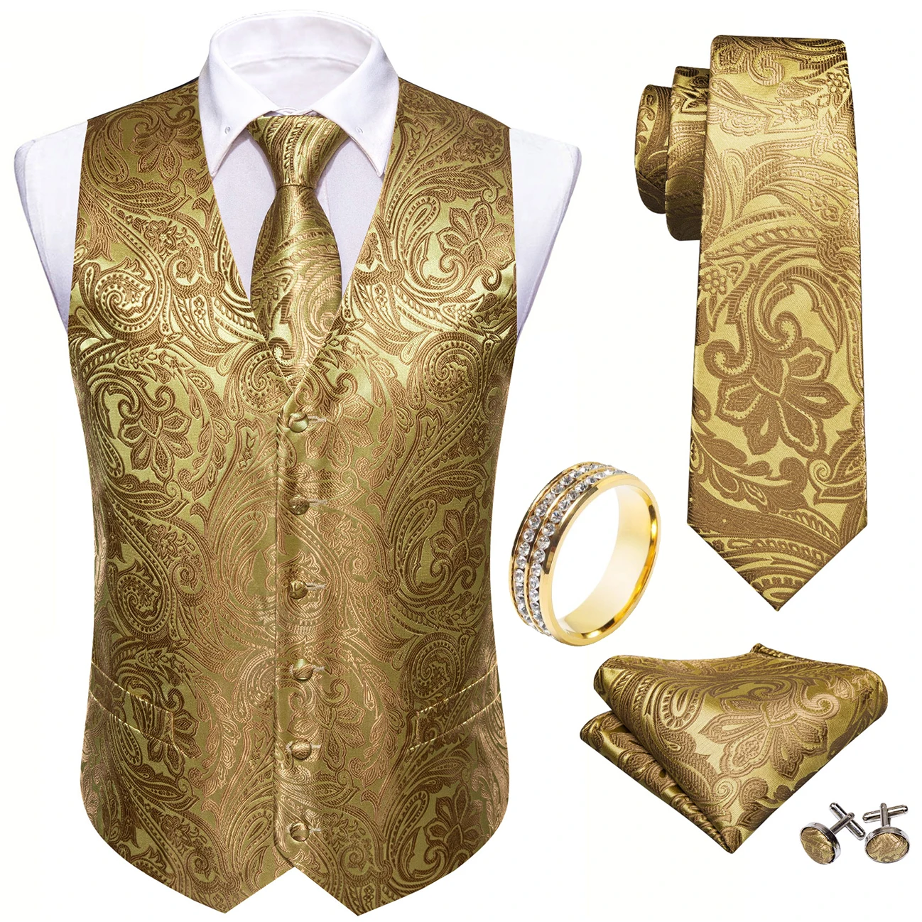 Golden Floral Paisley V-Neck Vest Combo Tie Square Cufflinks Ring For New Year Celebration Event
