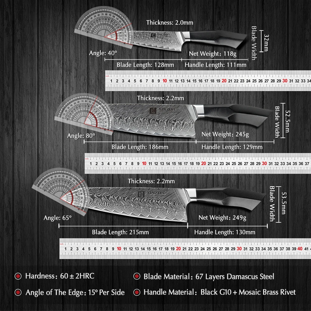 XINZUO 3PCS Knife Sets Damascus Steel VG10 Core Blade Razor Sharp Kitchen Santoku Knives G10 Handle Meat Slicer Cutting Knife