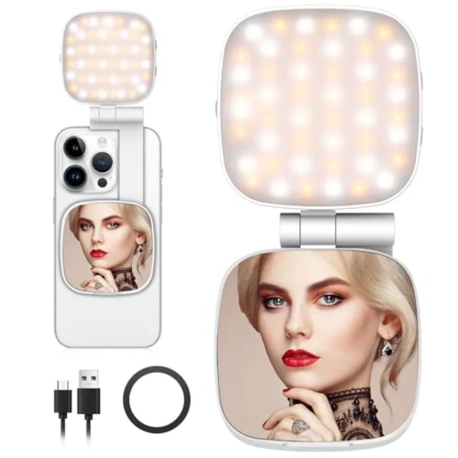 Magnetic Selfie Light Compatible for MagSafe iPhone, CRI 95+ 700lx/0.3m Folding LED Phone Fill Ring Lighting with Full Mirror f