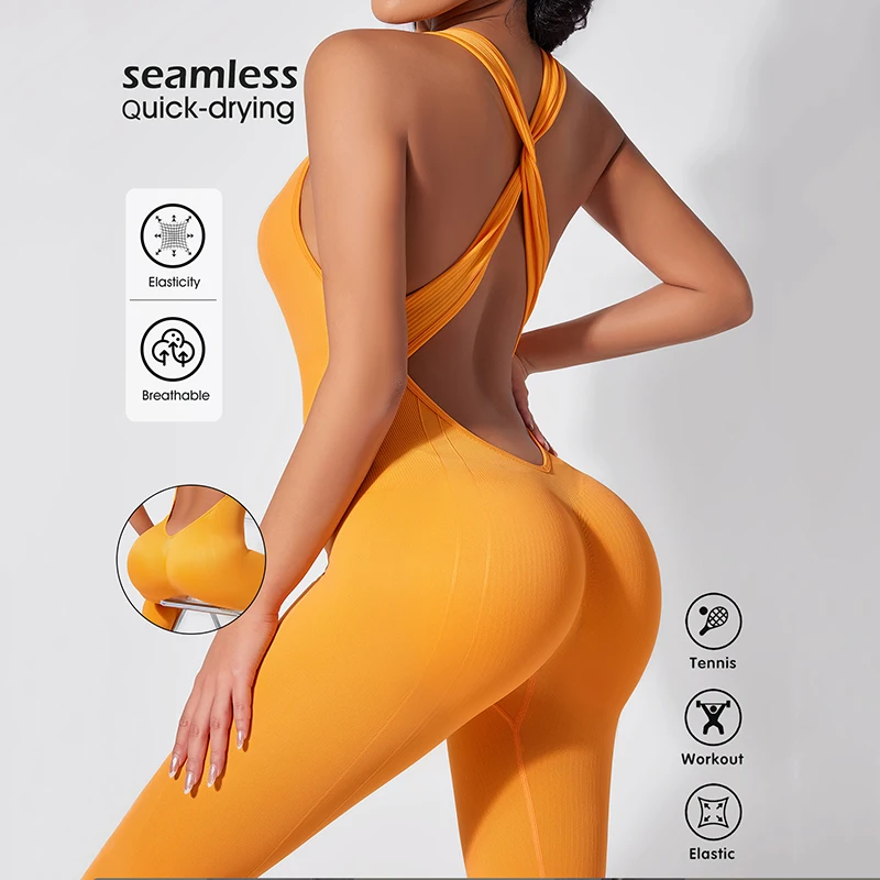 Backless Jumpsuits V Back Sports Bodysuits Women Yoga Sets Sportswear Fitness Overalls One Piece Suit Workout Playsuit Female