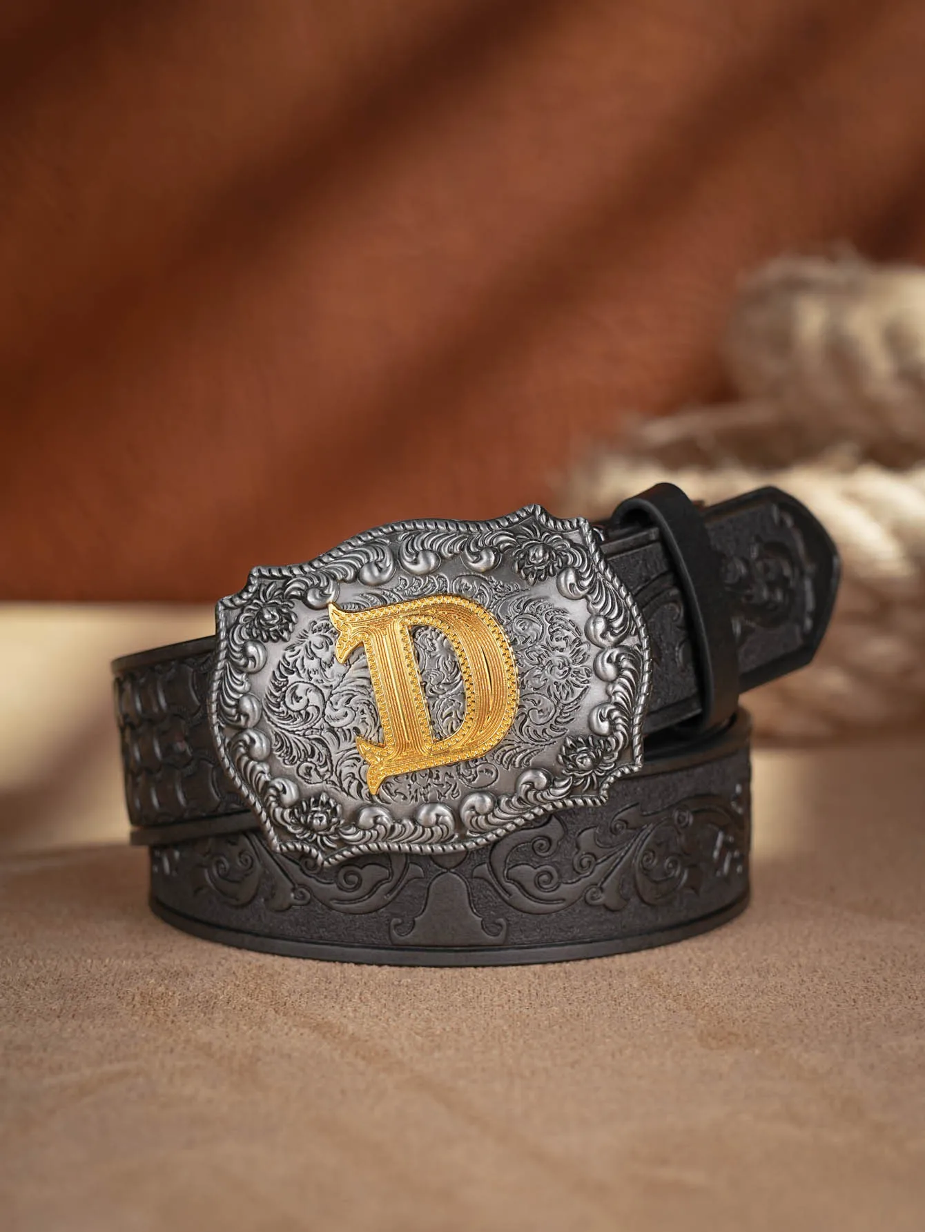 Western Cowboy PU-Ledergürtel – Herren-Hüftgurt, Stier-Dekoration, Blumenmuster, graviert für Jeans – Detail 7