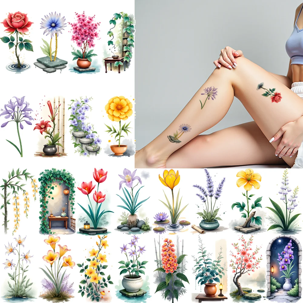 

9pcs Temporary Tattoo Flower Illustration Watercolor Botanical Art Waterproof Long-lasting Body Stickers For Shoulders Ladies