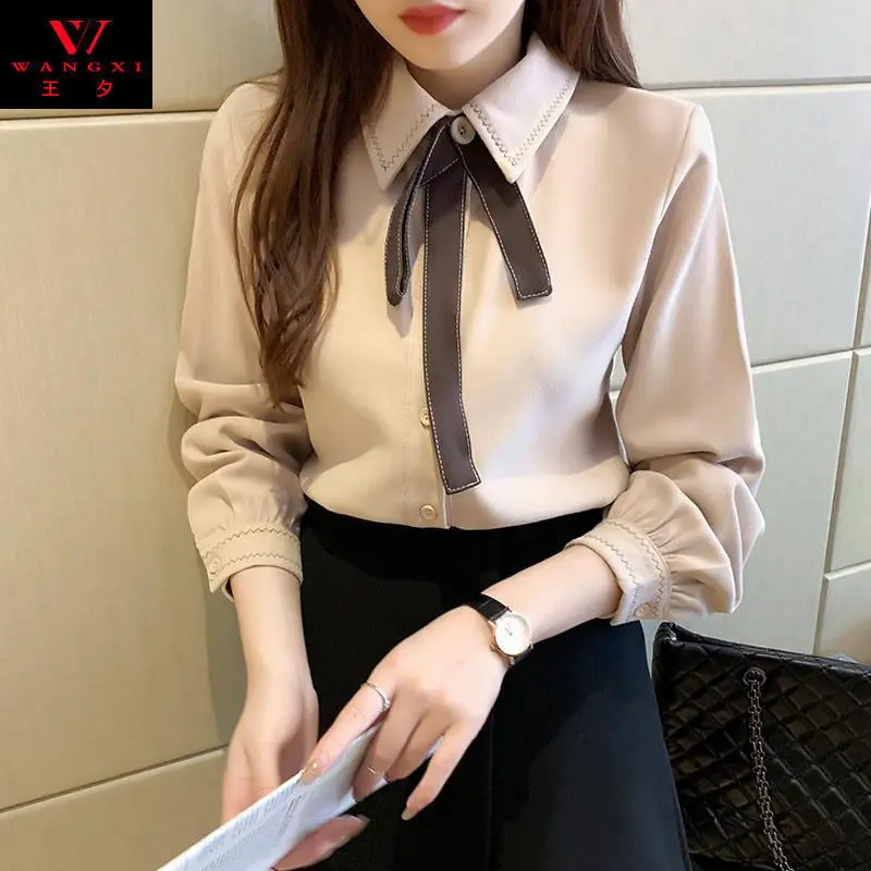 

Рубашка с начесом, женская удобная универсальная рабочая одежда с лентой, базовая лоскутная шифоновая нежная французская офисная деловая одежда JJ256