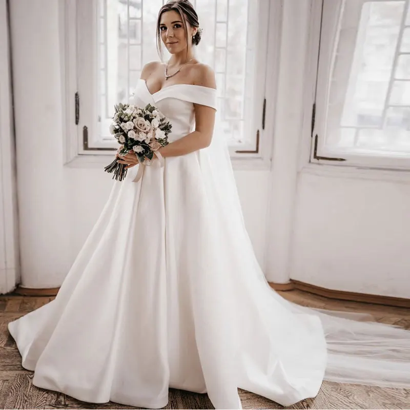 Customized A-Line Satin Women Wedding Dresses V-Neck Off The Shoulder Bridal Gowns Vestido De Noiva robe de mariée Abendkleider