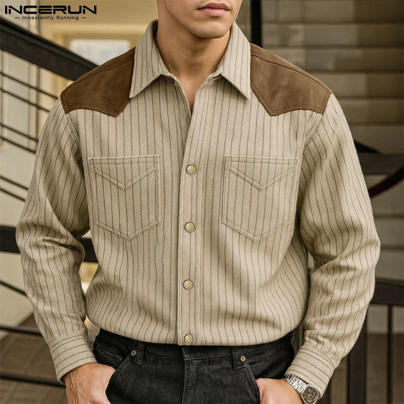 

INCERUN Мужская рубашка в полоску в стиле пэчворк с лацканами и длинными рукавами Мужская одежда Уличная одежда со свободными карманами Модные повседневные топы Мужские рубашки 2025
