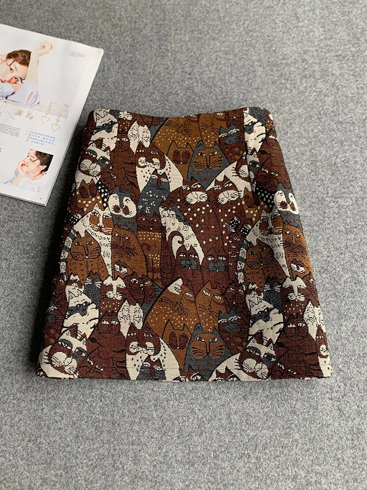 Cartoon Cute Cat Half Skirt High Waist Jacquard Non Elastic A-line Slim Fit Short Skirt Spring Autumn New Women's Short Skirt