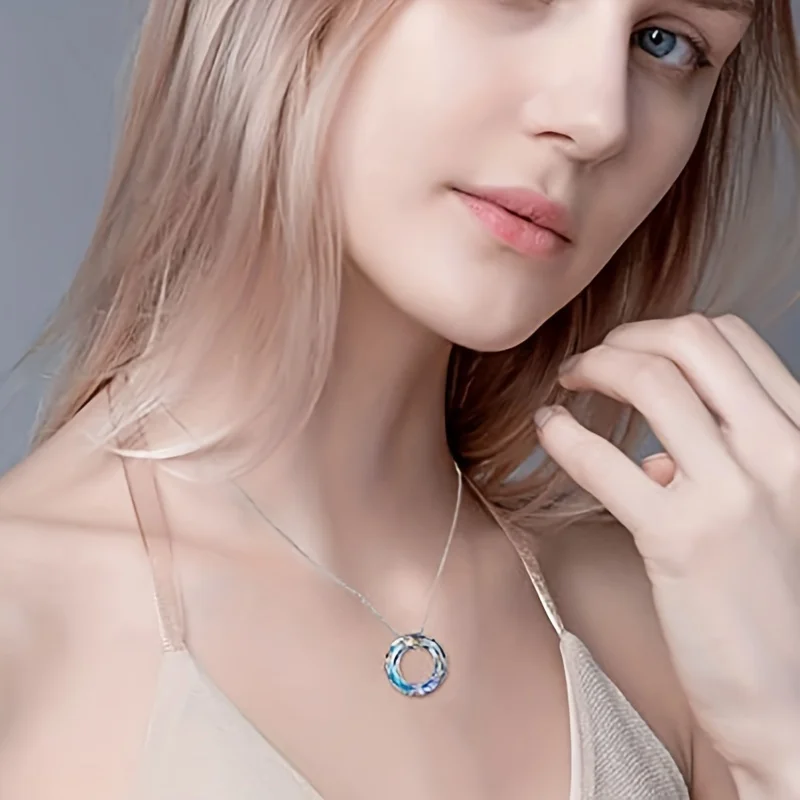 Colorful Austrian Crystal Angel Ring Pendant Necklace with Magic Collarbone Chain