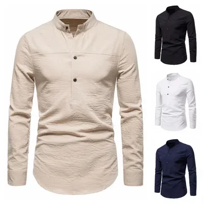 

2023 New Business Men's Casual Versatile Slightly Elastic Long Sleeve Standing Collar Linen Shirt