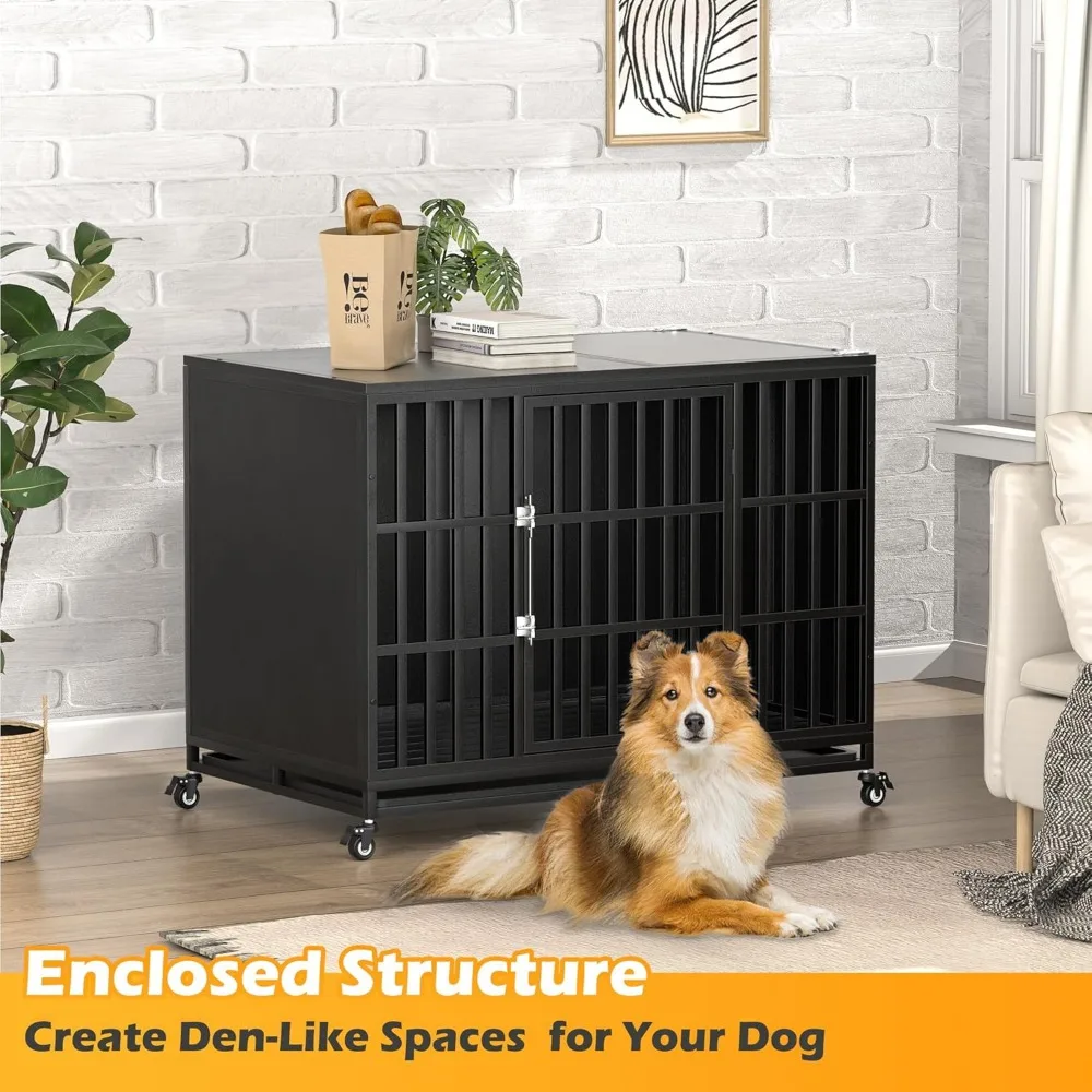 Heavy Duty Dog Crate with Self-Locking Latch, Indestructible Large Steel Kennel with Enclosed Design