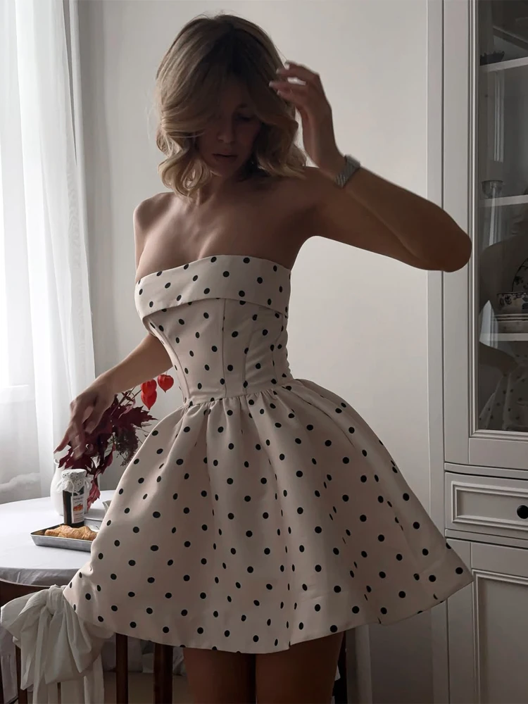 

Женское ретро-платье без бретелек в горошек, А-силуэт, с открытой спиной, с открытыми плечами, с завышенной талией, плиссированное мини-платье, вечернее платье для вечеринок 2026