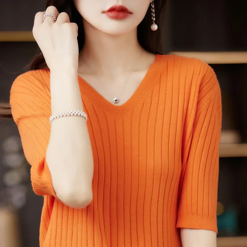 Women Sweater Short Sleeve V-neck Stripe Knitwears Slim Fit Shirt Korean Fashion Pullovers Thin Knit Tops 2024 Bottoming Shirts