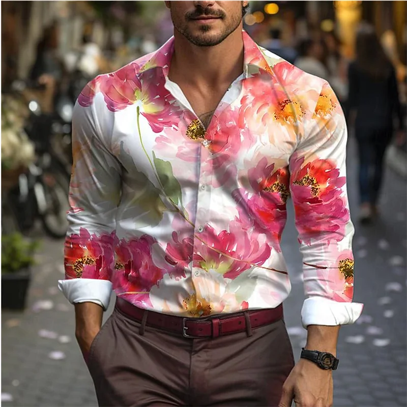 Spring Autumn Men's Casual Long Sleeve Shirt Men's Lapel Fashion 3D Digital Print Street Vintage Oversized Shirt Garment Top