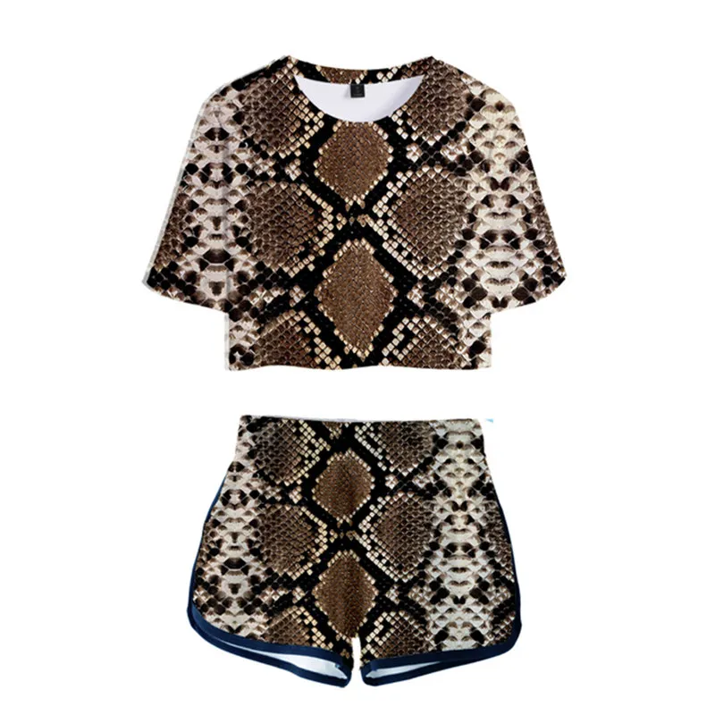 Animal Skin Pattern T Shirt and Shorts Sets Girls Sexy Club Outfits Two Piece Set Women