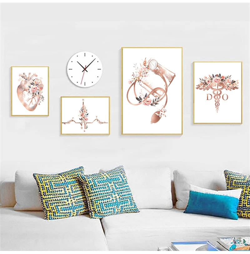 Heart Stethoscope EKG Flower Medical Posters and Prints Cardiologist Office Wall Art Pictures Canvas Painting Decor Doctor Gift