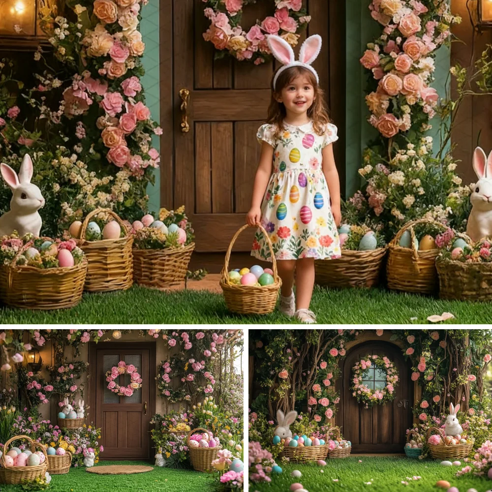 

Spring Photography Backdrop Easter Courtyard Rabbit Egg Flowers Pink Roses Decoration Background Photo Studio Props Wallpaper