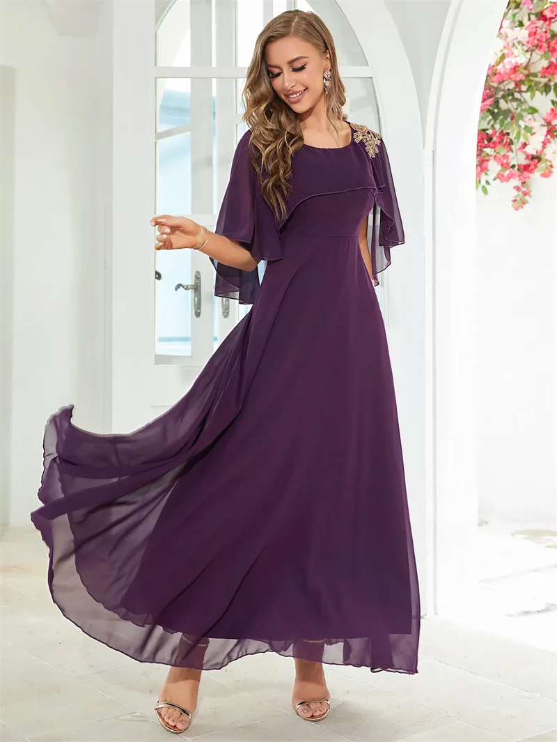 Top Selling Elegant Grape Cloaked Mother of The Bride Dresses Chiffon Sheer Neck Appliques Evening Dress