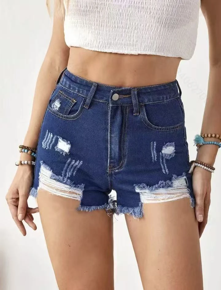 

Dark Blue Frayed Distressed Denim Shorts