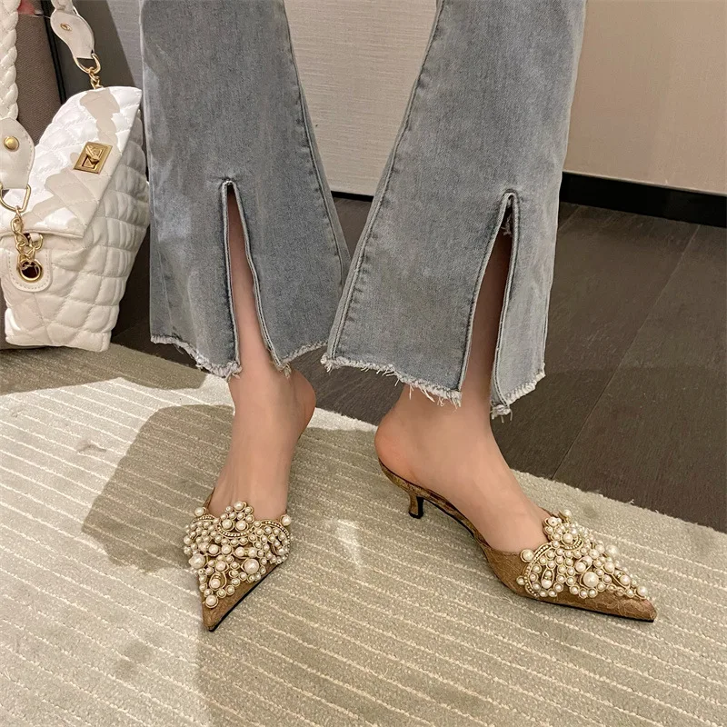 Large Pearl Women Shoe Autumn Lace Rhinestone Mid Heel Half Slipper Sandals Fashion Muller Shoes Casual Versatile Single Shoes