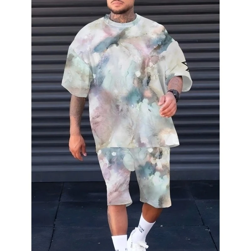 2025 Summer New Men's Sportswear 3D Printed Casual Daily Sports Round Neck Polyester Fiber Short Sleeve Shorts Two Piece Set