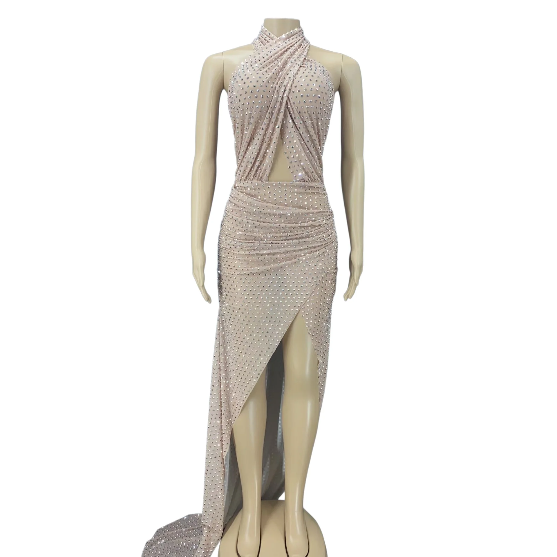 

Party Prom Luxury Sparkly Crystals Halter Long Dress Women Ruched Split Thigh Elastic Long Train Evening Gown Manzuanzhezhou