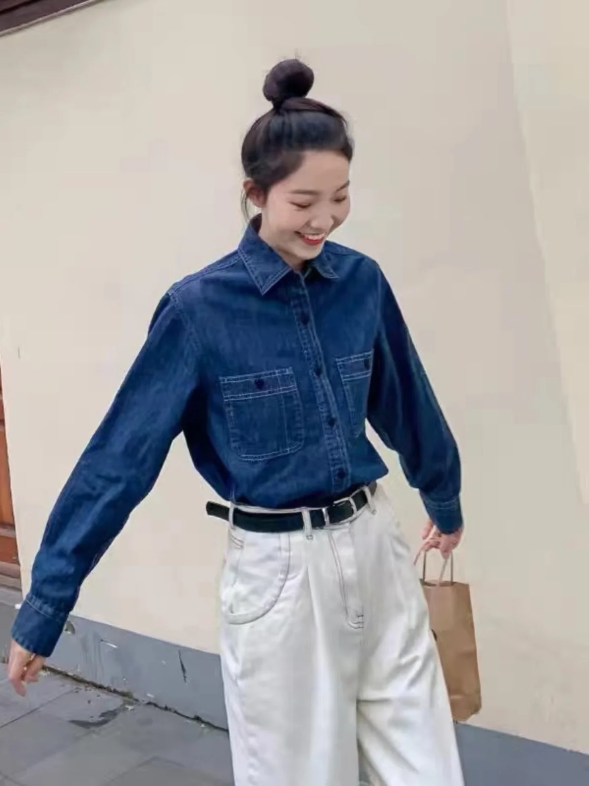 

Blue Denim irt Women's Spring Autumn Faion Agel Personali irt Lonelin Sense Outfit Top Coat Korean Sle C...