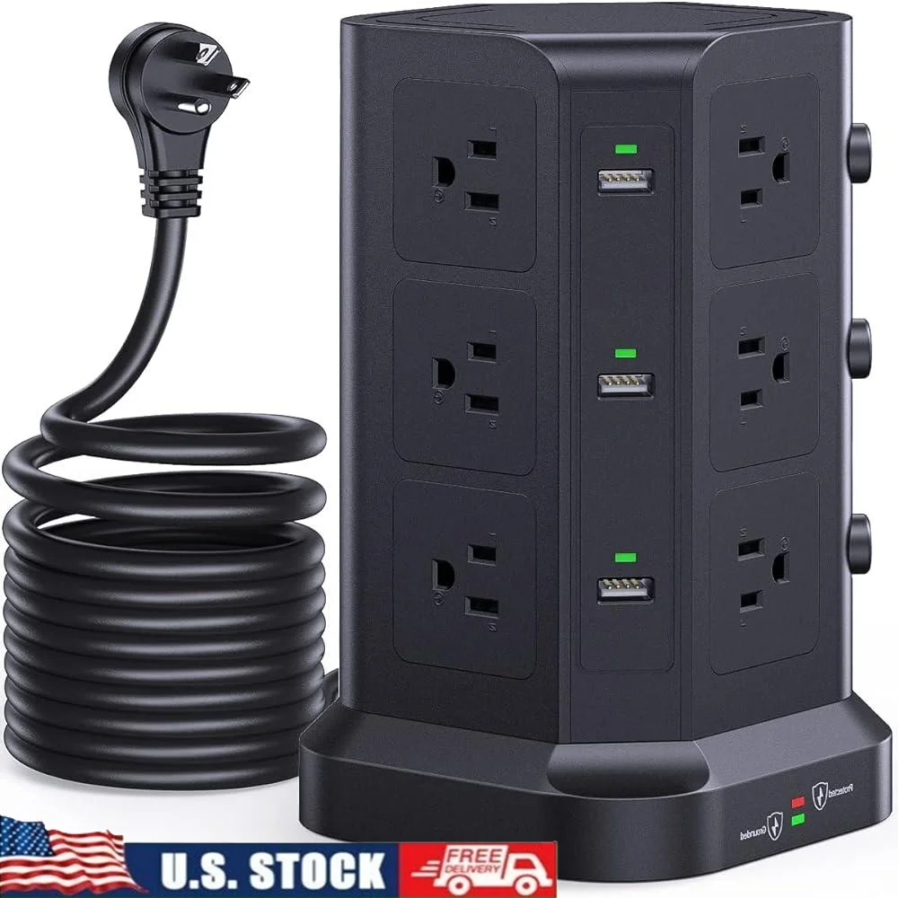 

18 IN 1 Surge Protector Power Strip Tower with 12 AC Outlets 6 USB Ports 16.4 FT Long Cord Overload Protection Space Saver