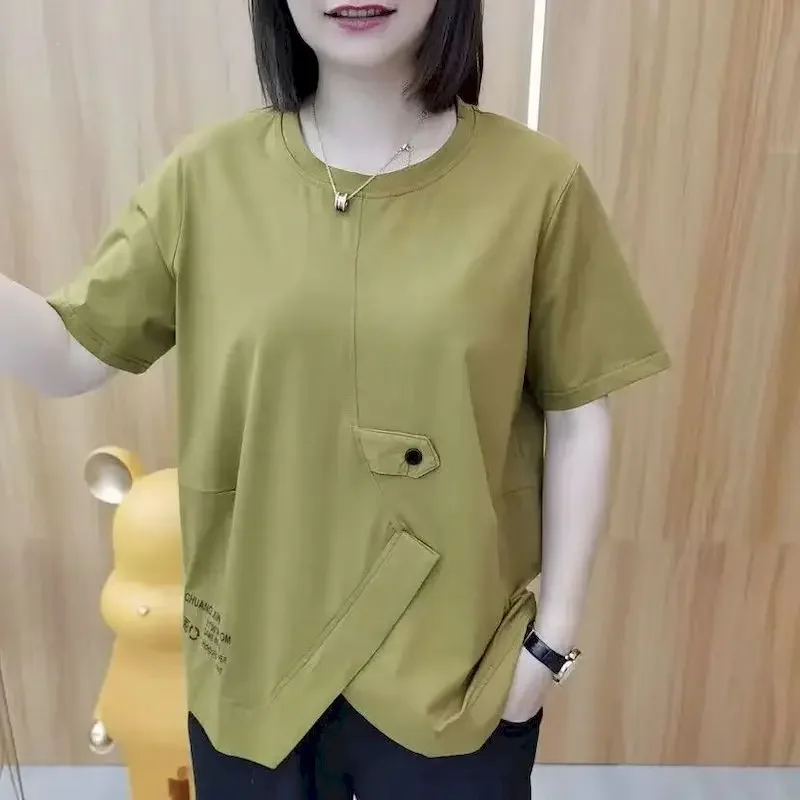 

100% Cotton T Shirt Women Fashion Irregular Slit T-shirt Casual Loose Short Sleeve Tops Summer Trend Thin Tshirt Loose Slim Top