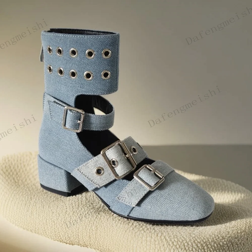 Women Denim Summer Ankle Boots Round Toe Multi Buckle Strap Hollow Block Low Heel Boots Back Zipper Gothic Street Sandals Boots