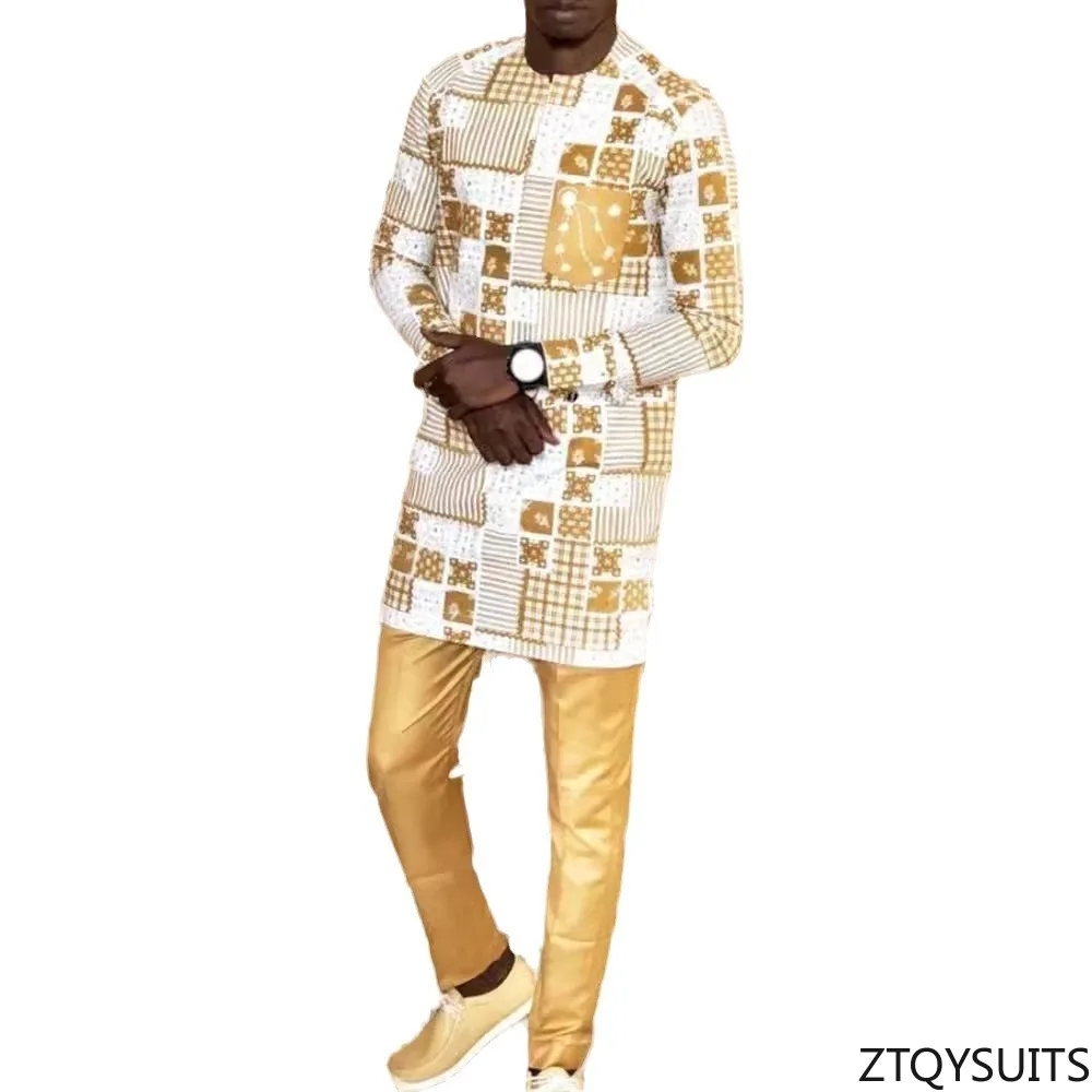 New African Men's Heat Pressed Casual Gold Long Sleeve Top and Solid Pants, Two Piece Slim Fit Handsome and Elegant Suit