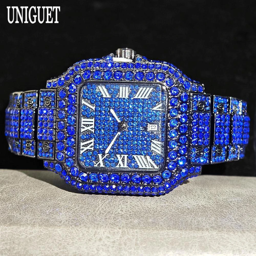 

Мужские модные синие часы UNIGUET: роскошные кварцевые часы с бриллиантами, квадратные наручные часы в стиле хип-хоп, горячая новинка 2026 года