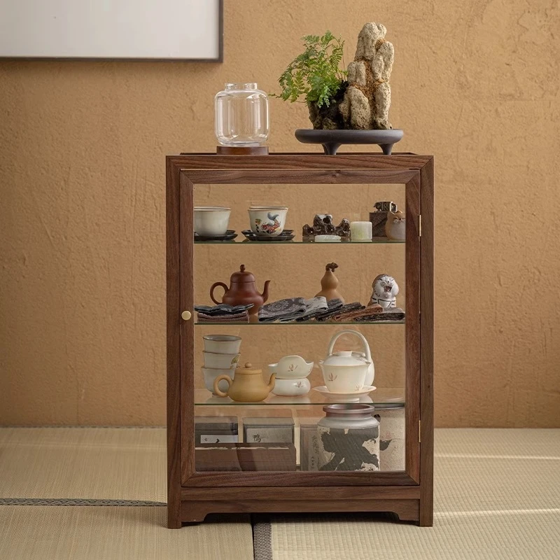 

Transparent glass display cabinet Floor-to-ceiling integrated walnut storage cabinet Desktop solid wood storage
