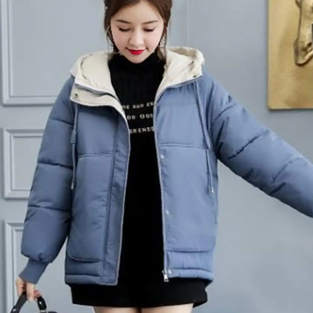 Winter Women Hooded Parkas Drawstring Long Sleeve Cotton Padded Coat Solid Color Zipper Placket Quilted Outwear With Big Pockets