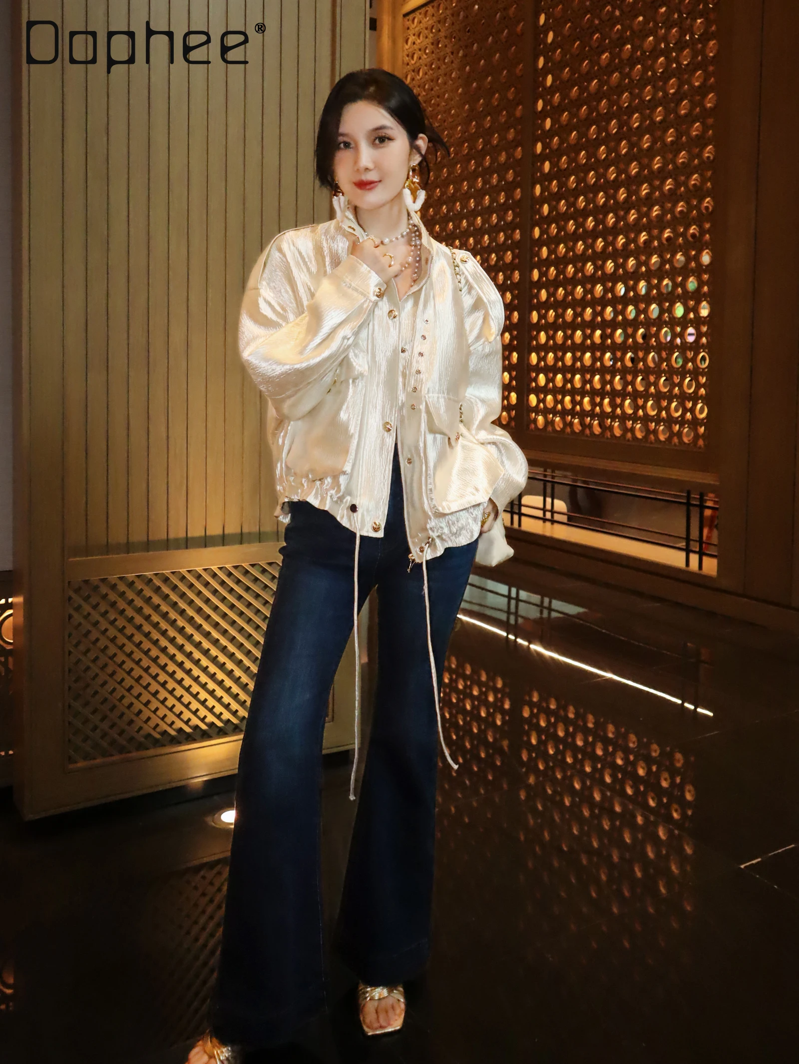 French Fashion Elegant High-end White Coat Luxury Socialite Stand Collar Single-breasted Drawstring Slim Short Jacket for Women