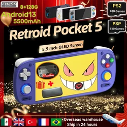 Retroid Pocket 5 RP5 Retro Handheld Game Console Video Game Consoles SD865 8G+128G Android13 5.5 Inch OLED Screen PSP PS2 Games