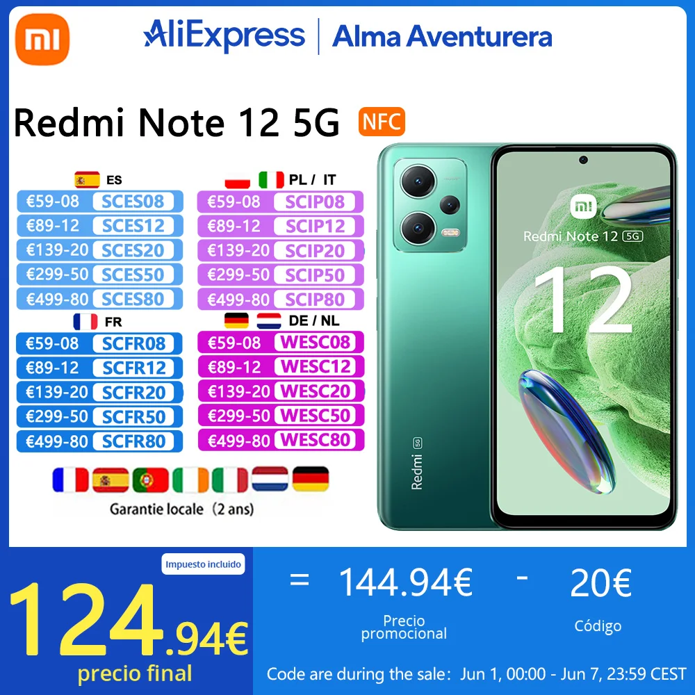 Xiaomi Redmi Note 12 5G 4GB RAM 128GB ROM,NFC,120Hz,Snapdragon®4 gen 1 48 mp camera 33 W fast charging Global Edition