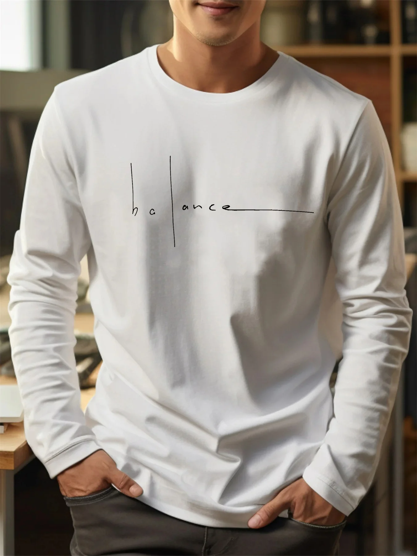 100 Cotton Men's Long Sleeved Round Neck Loose Balance Letter Pattern Printed Autumn and Winter Casual Versatile T-Shirt Top image 4