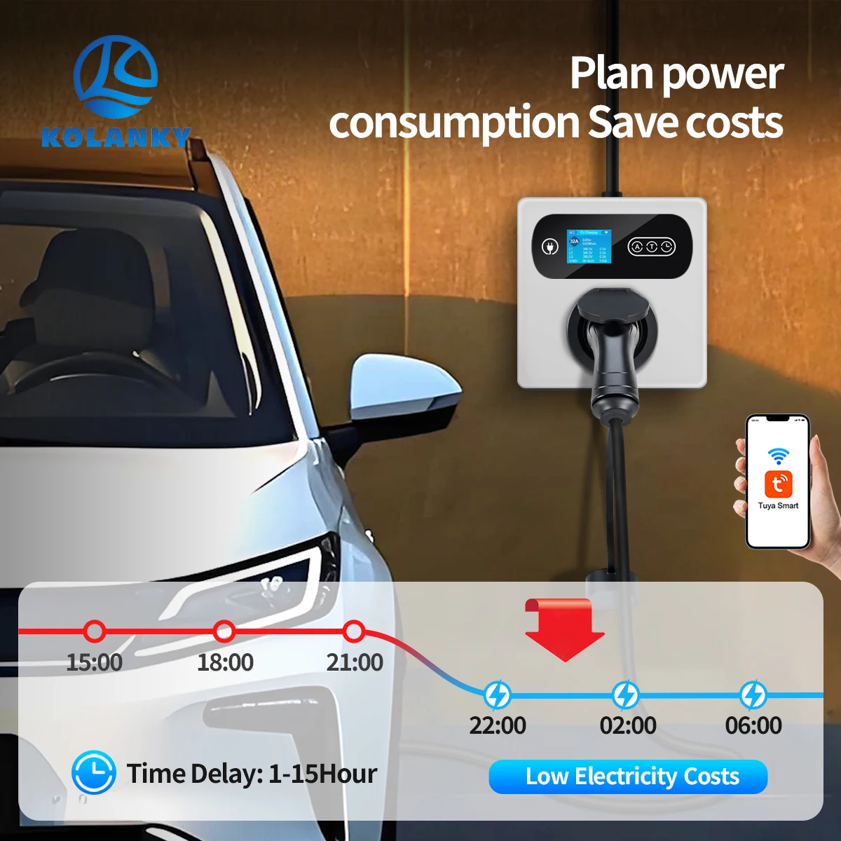 Kolanky 16A 11KW EV-Ladestation mit Typ-2-Buchse CEE Rot zu Typ-2-Timer Tuya App Elektrofahrzeug-Ladegerät – Detail 2