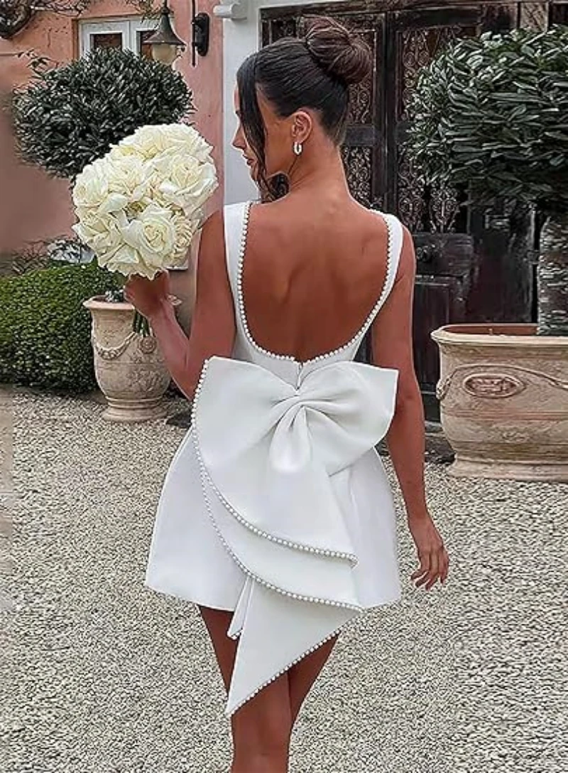 

Women's Cocktail Dresses Sleeveless Mini Satin Homecoming Dresses with Bow Short Wedding Dress for Bride