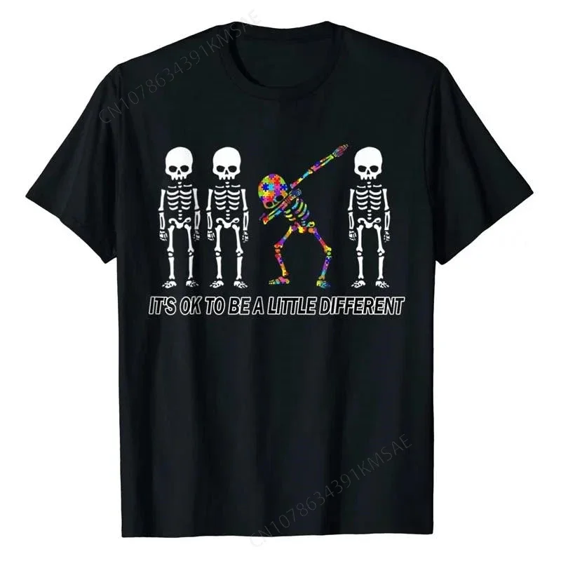 It's Ok To Be A Little Different Autism Awareness Dabbing Skeleton T-Shirt Funny Skull Print Graphic Tee Tops Autistic Outfits