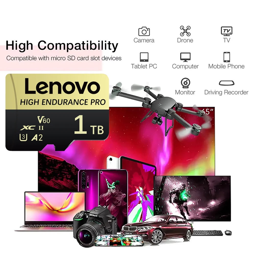 Lenovo 2TB SD Memory Card V30 128GB Micro TF/SD Card Class 10 High Speed Flash Memory Card 512GB 256GB SD Card For Camera Phone