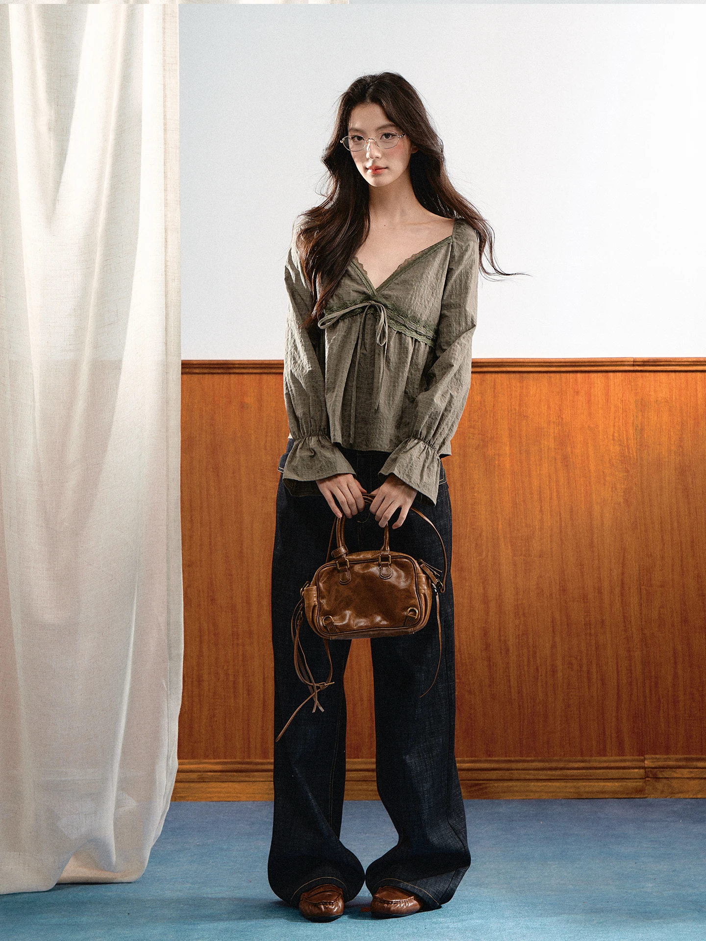 7Shiftin Original Design Country Style Long Sleeve V Neck Lace Bell Sleeve Shirt Drawstring Waist Cotton Blend Women's Top