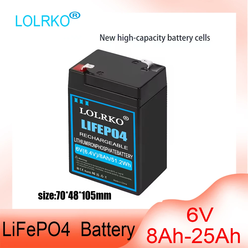 Batería LiFePO4 de 6V 8Ah con BMS, batería recargable de fosfato de hierro y litio de 6V 20Ah para luz de emergencia/coche infantil