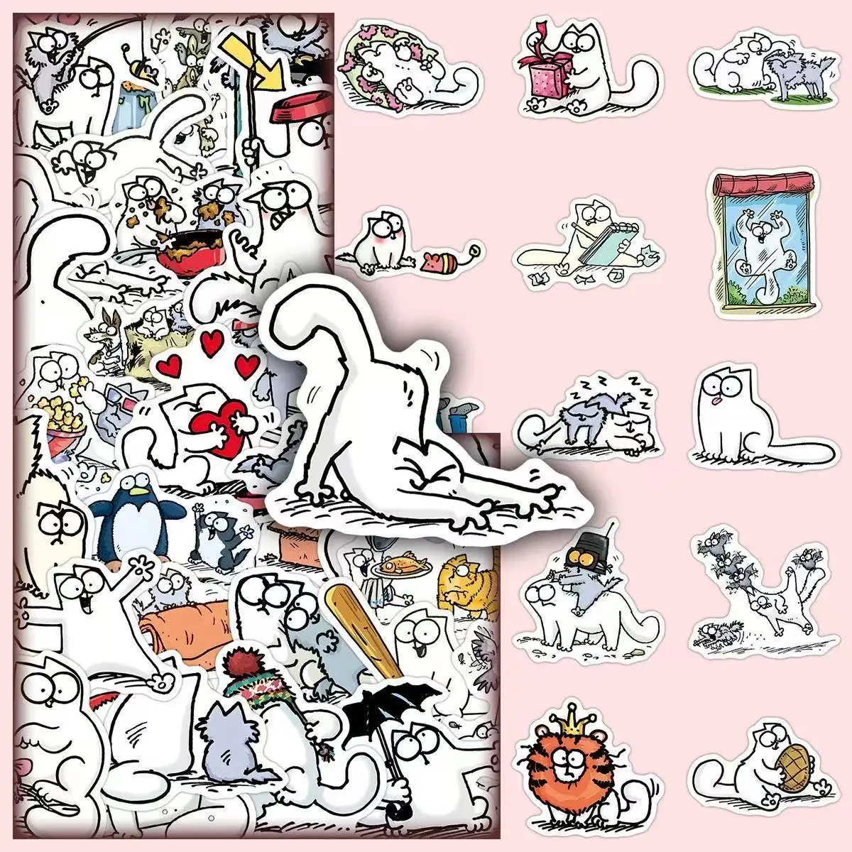 50PCS Cute Cartoon Kitten Illustration Stickers, Funny Simple Line Drawing Meme Decals for Journal & Notebook DIY Decor