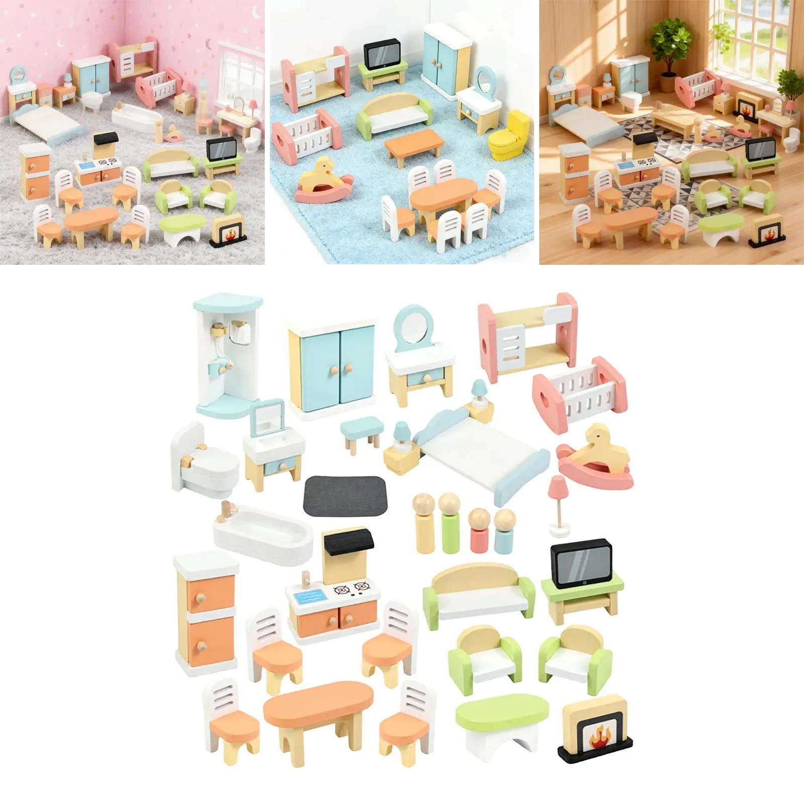 مجموعة أثاث بيت الدمى بمقياس 1:12، كرسي خشبي، سرير، أريكة، إكسسوارات منزلية مصغرة للعب التخيلي الإبداعي للأطفال