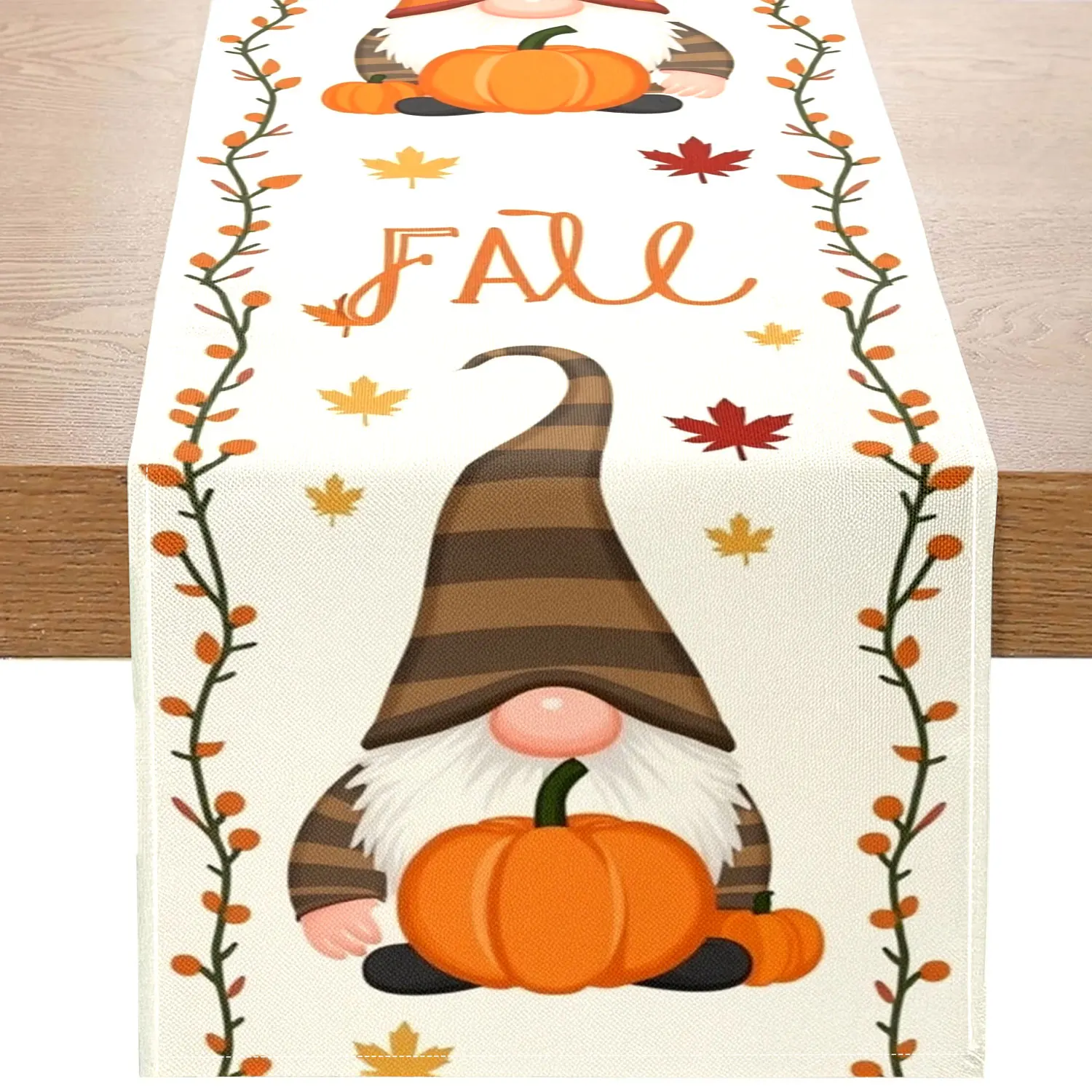 1 Piece of Autumn-Themed Table Runner with Patterns of Pumpkin Goblins, Autumn Leaves, and Gnomes, Suitable for Autumn Parties and Home Decoration Scenes