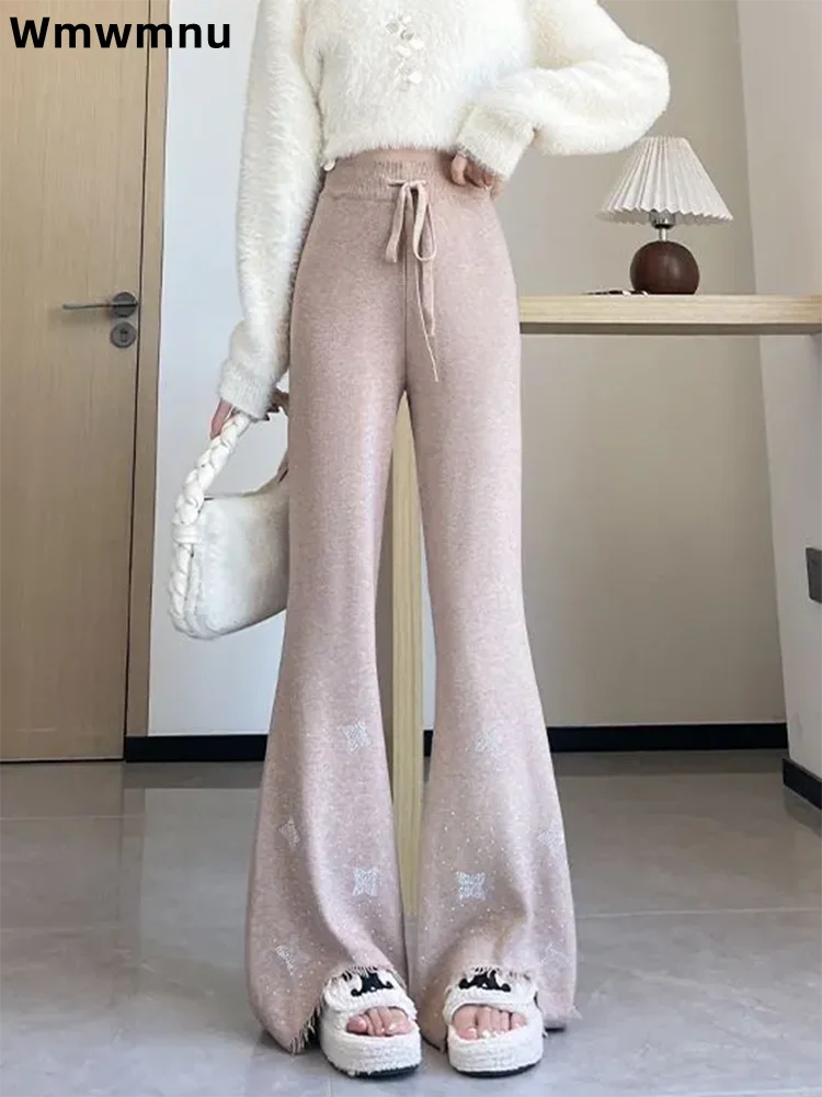 Tassel Bootcut Baggy Pants Women's Casual High Waisted Straight Pantalones Drawstring Fashion Loose Wide Leg Knitted Trousers