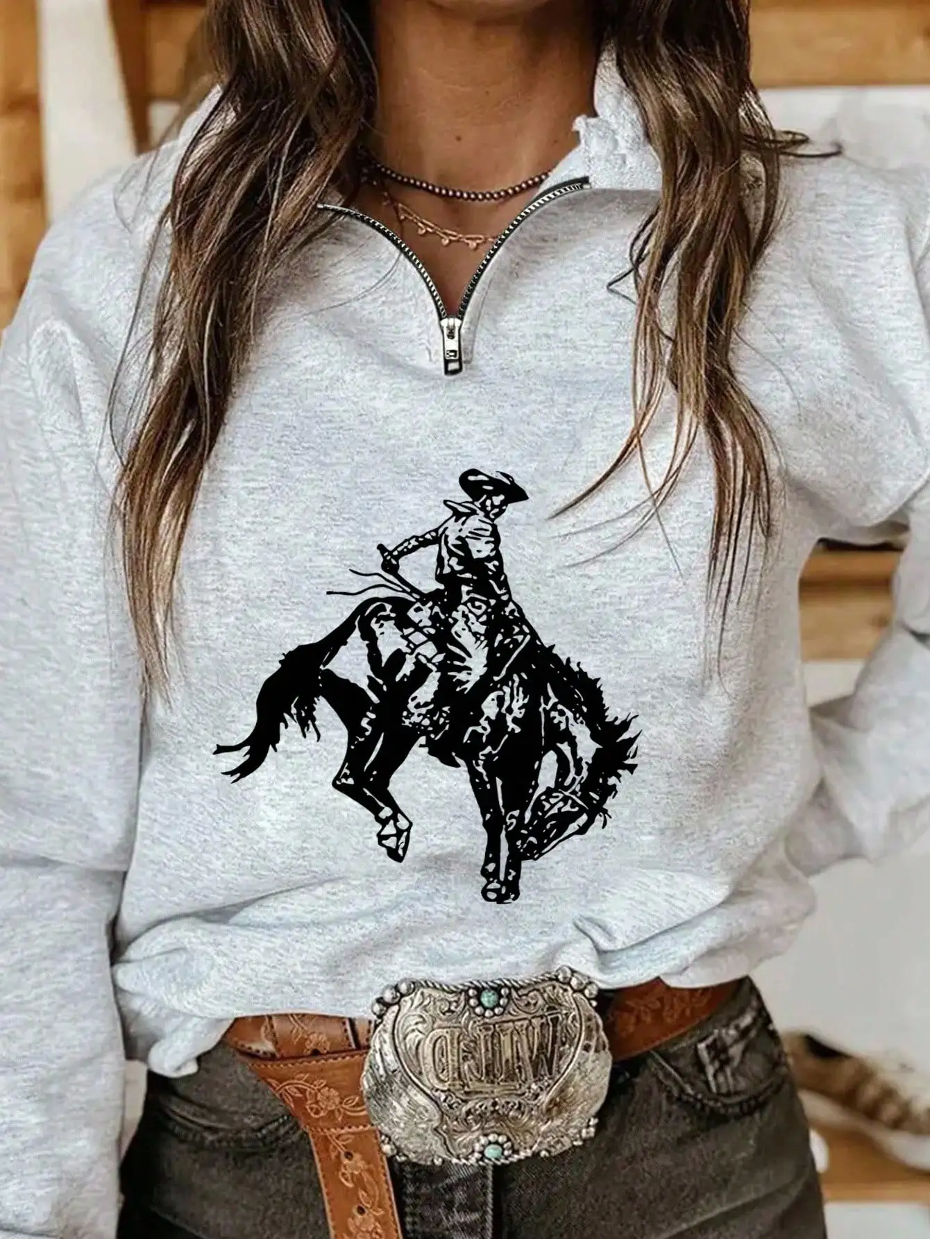 

Женская толстовка на молнии с ковбойской графикой, повседневный уличный стиль, осень-зима