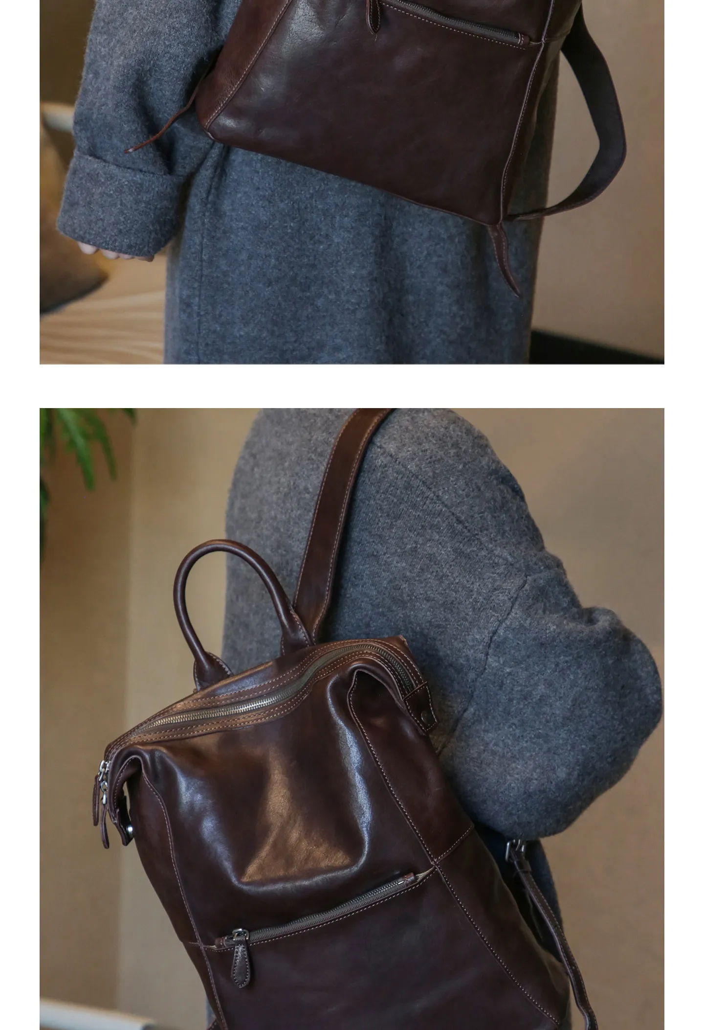PNDME einfacher Vintage-Rucksack aus hochwertigem echtem Leder für Damen, lässiger, luxuriöser Schulrucksack aus pflanzlich gegerbtem Rindsleder für den täglichen Gebrauch. – Detail 7