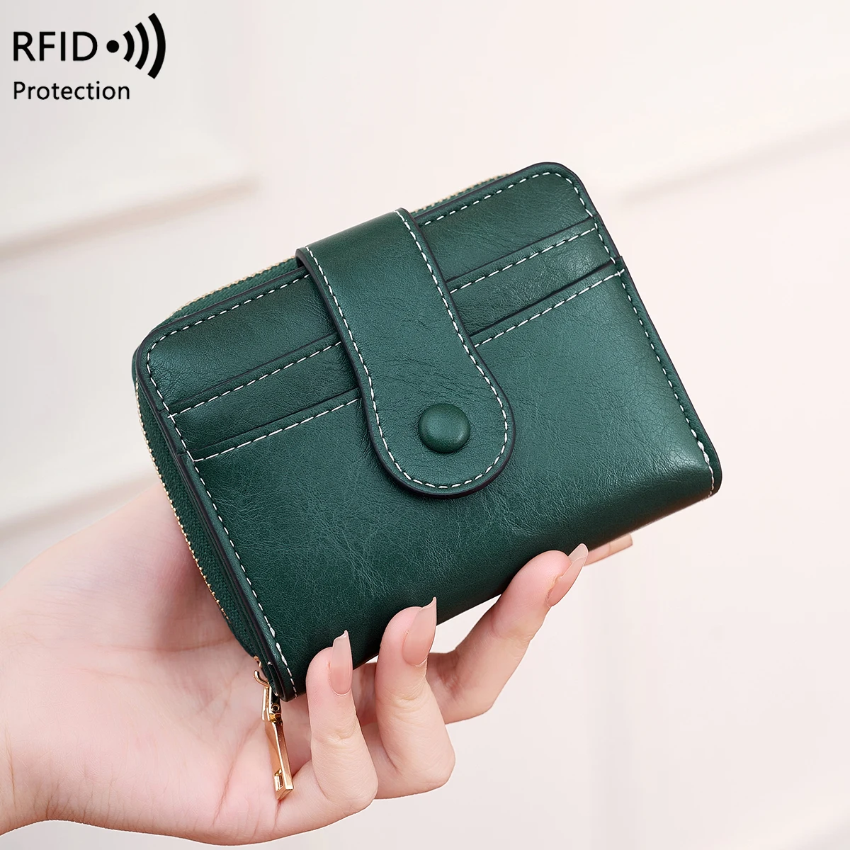 Women's RFID Blocking Wallet Multi-Card Holder Zipper Buckle Short Money Clip Retro Coin Wallet Functional Design